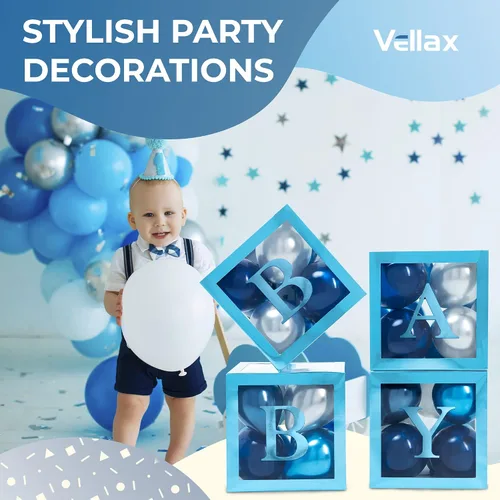 Vista 6 de Cajas de baby shower con letras - Cajas azules metálicas con globos metálicos azules y plateados - Juego de 44 piezas para revelación de género