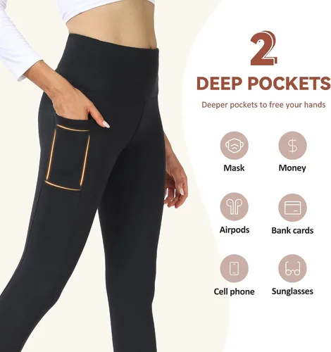 Vista 3 de GAYHAY Leggings con forro polar para mujer, de cintura alta, gruesos, cálidos, suaves, con control de abdomen, térmicos, casuales, color negro