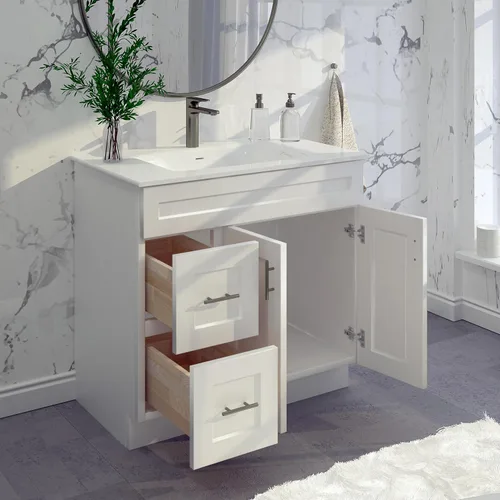 Vista 3 de White Shaker - Base para lavabo de baño con cajones de 36 pulgadas, listo para montar