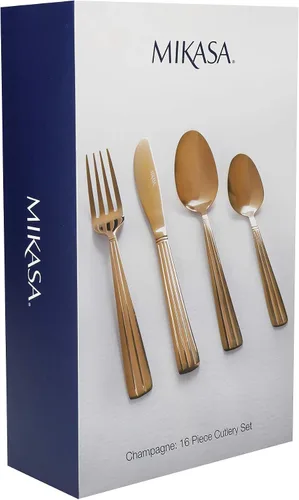 Vista 2 de Mikasa Juego de cubiertos dorados en caja de regalo, acero inoxidable, 16 piezas (servicio para 4)