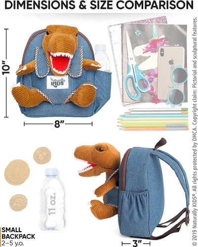 Vista 5 de Naturally KIDS Mochilas - Mochila para niños y niñas con animales de peluche - Regalos para niños y niñas de 3 4 5 años 01 Brown T-rex Mochila