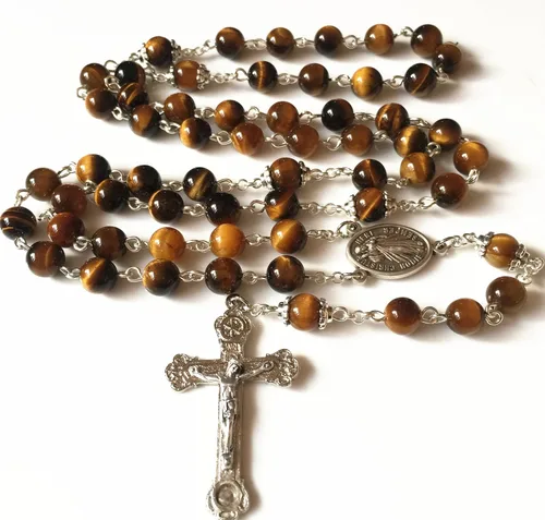 Vista 4 de elegantmedical HECHO A MANO Ojo De Tigre Rosario Cuentas Italia Cruz Cruz CRUCIFIJO CATÓLICO COLLAR CAJA DE REGALO, Metal