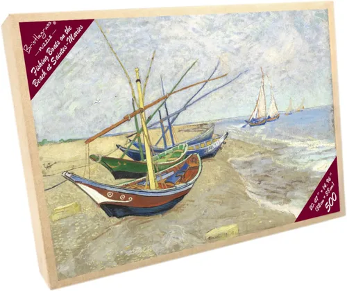 Vista 5 de Rompecabezas de madera de 500 piezas para adultos, pinturas famosas de Van Gogh, barcos de pesca en la playa en Les Saintes-Maries-de-la-Mer, Barcos