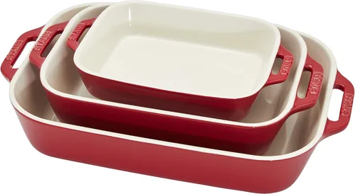 Vista 8 de STAUB Juego de 3 platos rectangulares de cerámica para hornear, turquesa rústico Oven-to-Table for Lasagnas, Roasts & Apple Crisp. Dishwasher Safe