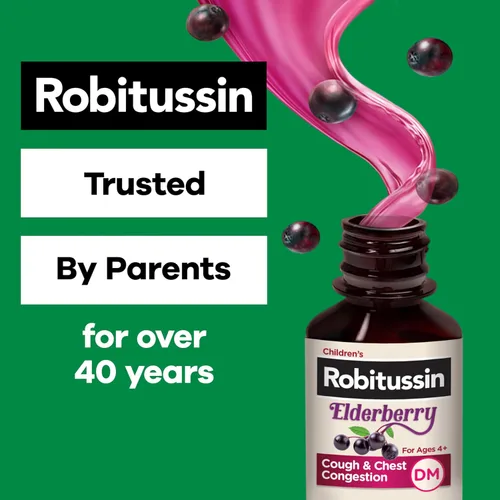 Vista 5 de Robitussin Medicamento para la tos y la congestión torácica DM para niños de saúco, alivio de la congestión del pecho y jarabe para la tos, 4 onzas