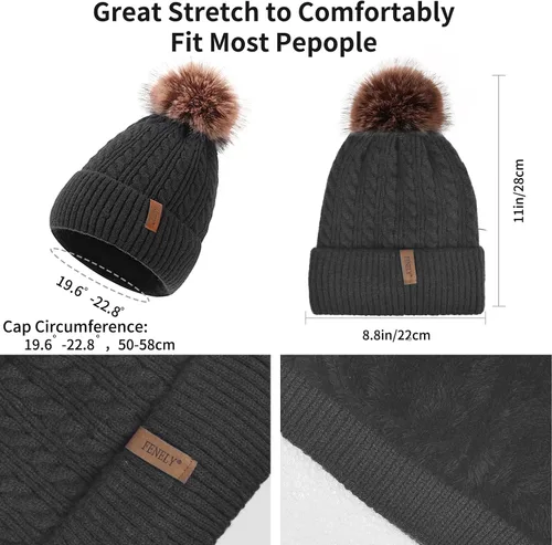 Vista 5 de Conjunto de gorro de invierno para mujer, gorro clásico con pompón extraíble, bufanda larga, guantes para pantalla táctil, juego 3 en 1