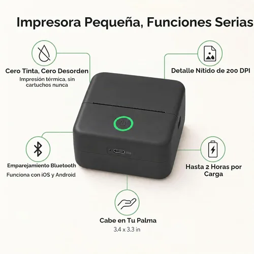 Vista 4 de Mini impresora térmica portátil, Bluetooth, color negro
