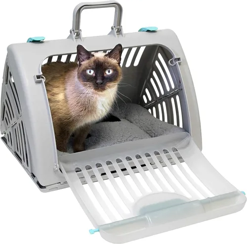 Vista 16 de SPORT PET Designs - Transportador plegable de viaje para gatos - Colección de transportador plegable de plástico con puerta frontal, cama