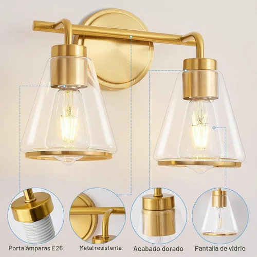 Vista 5 de Lámparas modernas de tocador de baño de 14 pulgadas con 2 luces de oro cepillado sobre espejo Dorado