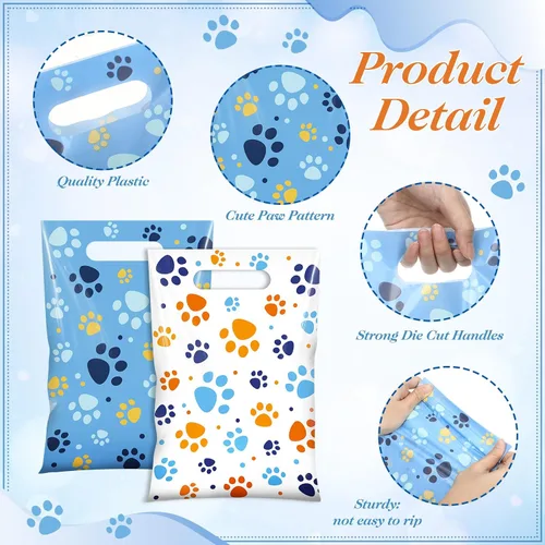 Vista 3 de Pasimy 100 bolsas de regalo de pata de perro a granel, diseño de pata de mascota, bolsas de plástico con asa para decoración de fiesta de cumpleaños