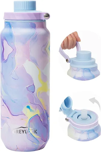 Vista 26 de Greylock Botella de agua aislada de 20 onzas con tapa con pajilla, botellas de agua deportivas reutilizables de acero inoxidable con asa plegable, a