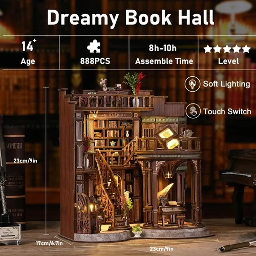 Vista 4 de Kit de rincón de libros en miniatura para casa de muñecas, rompecabezas de madera 3D con luz, decoración de estantería de casa pequeña, construcción