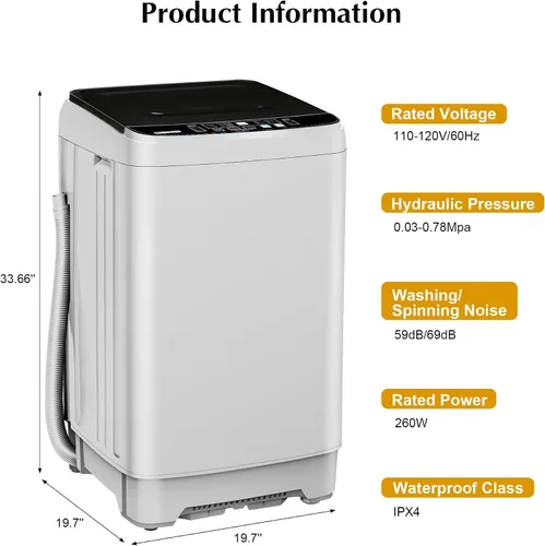 Vista 5 de Lavadora portátil, lavadora portátil completamente automática de 17.7 libras, lavadora pequeña, 10 programas de lavado, temporizador de 24 horas