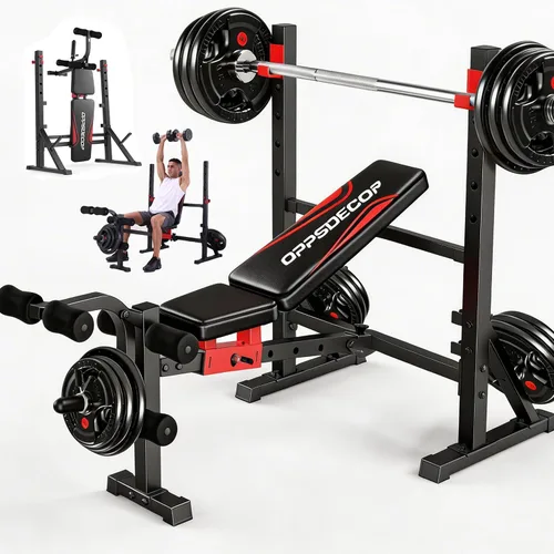Vista 8 de OPPSDECOR Standard Weight Bench Set with Squat Rack, 900LBS Adjustable Bench Press Set with Leg Extension and Leg Curl, Foldable Flat Incline