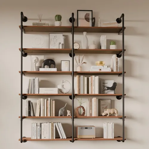 Vista 15 de Estante industrial de tubo de hierro de 5 niveles, estantería de tubo de 48 pulgadas con tablón de madera maciza, estantes abiertos para libros
