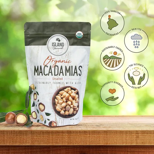 Vista 2 de Island Harvest Nueces de macadamia orgánicas sin sal - Nueces de macadamia 100% hawaianas sin sal son aptas para dieta cetogénica, totalmente