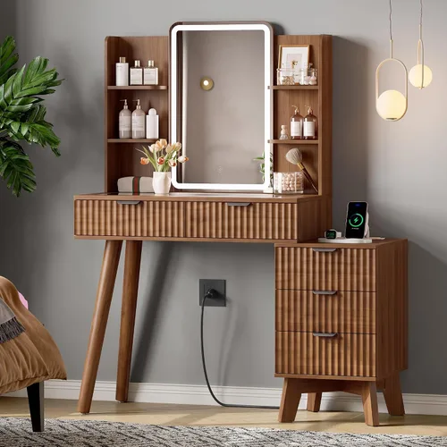 Vista 22 de Escritorio de tocador con espejo iluminado HD y luces, pequeño tocador de maquillaje acanalado con cajones y estantes de almacenamiento, juego