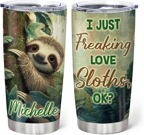 Vista 7 de Hyturtle Regalos personalizados para los amantes de los perezosos, vaso de acero inoxidable con nombre personalizado de 20 onzas con tapa, idea
