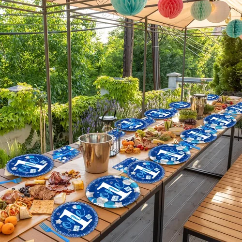 Vista 7 de Wiooffen Juego de vajilla para fiesta de cumpleaños de niño de 1 año, azul, 96 piezas, para 24 invitados, platos de papel, servilletas, tenedores