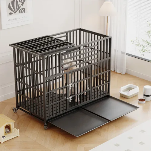 Vista 10 de Jaulas resistentes de 44 pulgadas para perros grandes, jaula indestructible a prueba de escapes con ruedas bloqueables, doble puerta de alta