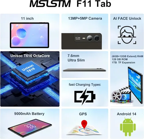 Vista 2 de 2026 - Tableta de 11 pulgadas Gemini ai Android Tablets 18GB RAM 128GB ROM+1TB TF Expand, pantalla 2K, CPU T616, cámara de 23 MP, WiFi 5G, altavoz