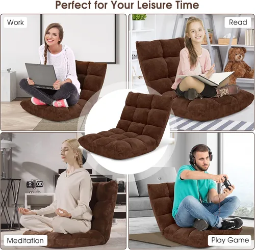 Vista 7 de Byroce - Silla plegable para juegos de suelo, ajustable de 14 posiciones, sofá cama con soporte para espalda, sillón reclinable para meditación Café