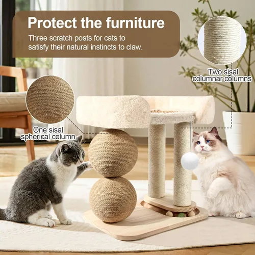 Vista 3 de Árbol pequeño para gatos de interior, torre de árbol para gatos con rascador de sisal para gatos, torre para gatos 5 en 1 con bola de juguete