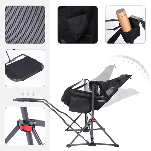 Vista 4 de Nice C Hamaca mecedora silla de camping (1, negro con reposapiés) Respaldo alto, con soporte, reposapiés, portavasos, bolsillo lateral, resistente