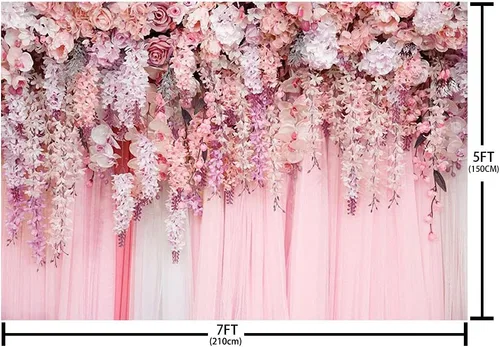 Vista 2 de Telón de fondo de pared floral rosa de 7 x 5 pies para niñas, despedida de soltera, boda, aniversario, flores, baby shower, decoración de fiesta