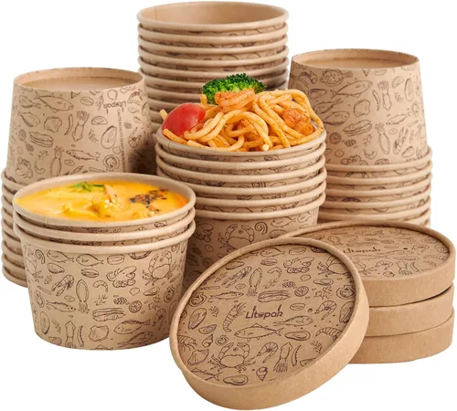 Vista 8 de LITOPAK Paquete de 50 recipientes de papel de 12 onzas con tapas ventiladas, vasos de papel kraft para alimentos, recipientes de sopa con tapas