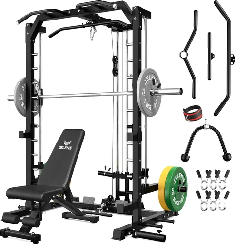 Vista 15 de JELENS SR01 Smith Machine, jaula de potencia multifunción de 2000 libras con sistema de extracción LAT, estante para sentadillas todo en uno