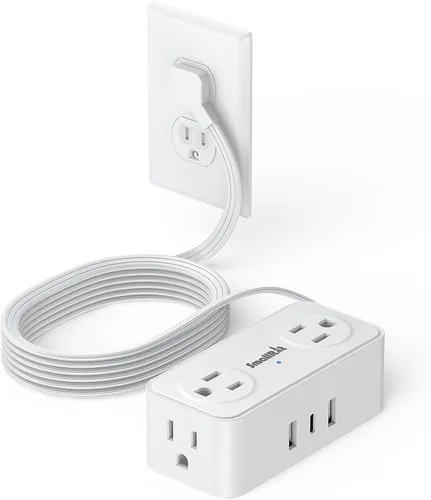 Vista 8 de SMALLRT - Regleta de alimentación con USB, cable de extensión plano de 2 piezas con múltiples tomas, barra de alimentación de enchufe plano de 3.3