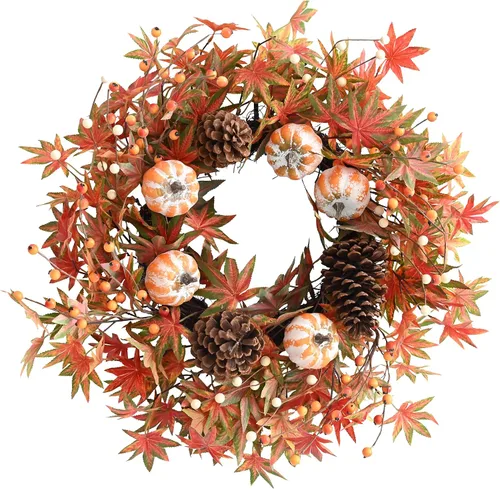 Vista 20 de Corona de otoño para puerta delantera, 24 pulgadas, hojas anchas rojas artificiales Baya Borgoña