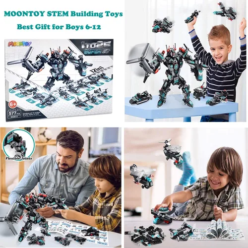 Vista 6 de MOONTOY Juego de 577 juguetes de construcción de robot STEM 25 en 1, bloques de construcción, ladrillos, vehículos de construcción, regalos