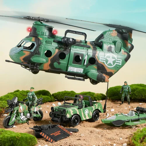 Vista 9 de JOYIN Juego de juguetes militares, juguetes militares para niños, incluyendo helicóptero con luz realista, sonido y mango, camiones Bruder, barco