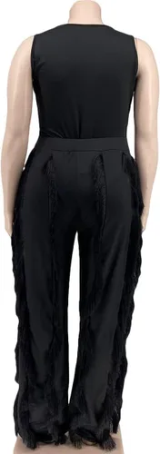 Vista 4 de PRIVIMIX Conjunto de 2 piezas para mujer, talla grande, con flecos, con borlas, pantalones largos, sin mangas, camiseta sin mangas, ropa