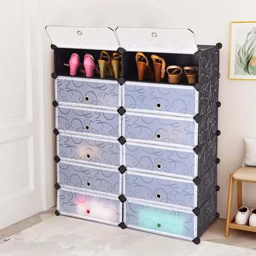 Vista 4 de Zapatero organizador de 6 niveles, 24 pares de almacenamiento de zapatos de plástico, zapatero de pie, almacenamiento modular apilable para zapatos