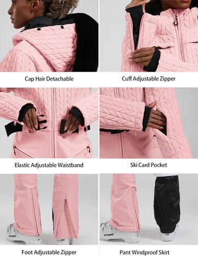 Vista 9 de GSOU SNOW Traje de esquí para mujer, traje de nieve delgado de una pieza, chaqueta de nieve, impermeable, resistente al viento, deportes al aire