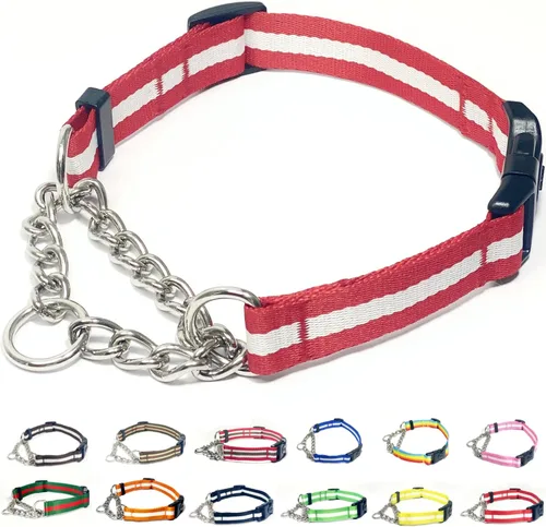 Vista 13 de Collar Martingale para perros, collares de nailon ajustables con hebilla de liberación rápida, rayas multicolores, cadena de acero inoxidable