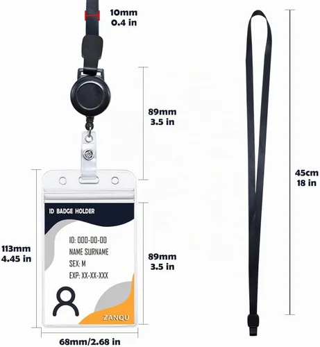 Vista 4 de Cordón retráctil con soportes para tarjetas de identificación, correa para el cuello desmontable y carrete retráctil, diseño de 2 modos de uso