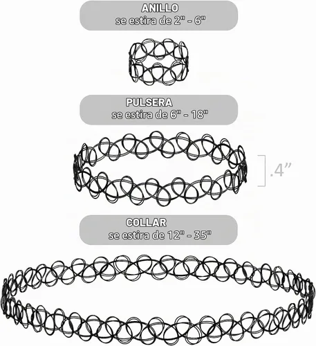 Vista 8 de EXPRESSIONS Colección de Joyería Elástica para Tatuajes de 3 Piezas Surtidas - Conjunto de Collar Gargantilla de Tatuaje, Pulsera y Anillo