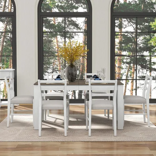 Vista 7 de Juego de comedor de madera de 7 piezas, mesa extensible multifuncional con hojas de 12 pulgadas y 2 cajones, más 6 cómodas sillas de comedor