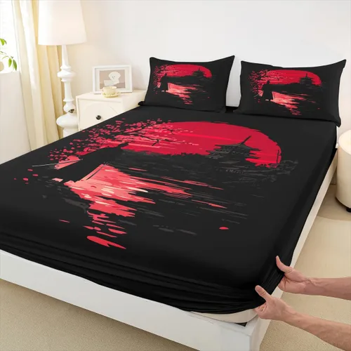 Vista 4 de Erosebridal Samurai - Juego de ropa de cama, sábana bajera ajustable, funda de cama samurái japonés, juego de sábanas de silueta de paisaje