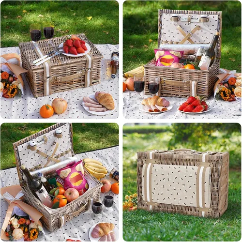 Vista 8 de Willow - Juego de cestas de picnic para 2 personas con bolsa térmica grande aislada y manta de picnic impermeable, cesta de picnic de mimbre