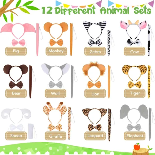 Vista 2 de 12 diademas de orejas de animales, bandas para el pelo de animales de safari, zoológico de selva, decoraciones de fiesta, tigre y león, vaca