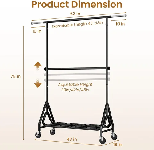 Vista 7 de Perchero resistente para colgar ropa, estante para ropa con dobles varillas y ruedas bloqueables, perchereros enrollables de metal resistentes