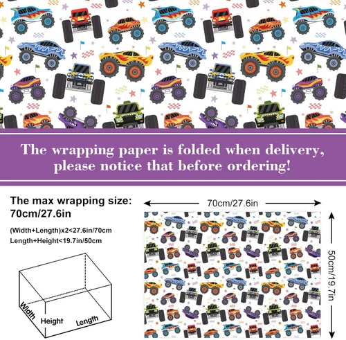 Vista 2 de 12 hojas de papel de regalo para camión, no enrollable, papel de regalo de caricaturas de carreras de autos de carreras, plegado a granel, plano