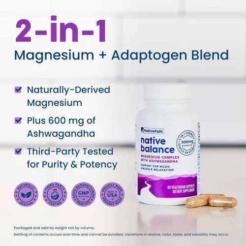 Vista 3 de NativePath Native Balance Suplemento de magnesio con Ashwagandha - Fórmula de Aquamina de alta absorción de origen oceánico - 60 cápsulas
