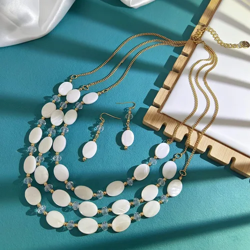 Vista 4 de Firstmeet Juego de collar de cuentas de 3 capas con aretes, cuentas ovaladas de concha de regalo para mujer