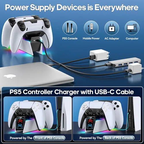 Vista 3 de Estación de carga para controlador PS 5 compatible con PlayStation 5 Dual Controller, 9 iluminaciones, estación de carga de accesorios PS 5, soporte